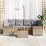 7 kusová sada záhradného gauča s vankúšmi béžová poly ratan akácia, Dvojmiestny záhradný gauč so skladovaním a vankúšmi béžová poly ratan – Obrázok 3