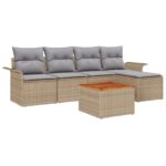 vidaXL 6 dielna súprava záhradných pohoviek s vankúšmi Béžová Poly Ratan Akácia – Obrázok 2