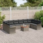 vidaXL 11-dielny set záhradných pohoviek s vankúšmi sivý poly ratan akácie – Obrázok 3