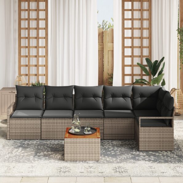 vidaXL 7-dielna súprava záhradných pohoviek s vankúšmi Sivá Poly Ratan Akácia – Obrázok 3