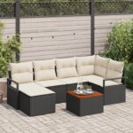 7-dielna súprava záhradnej pohovky s vankúšmi čierny poly ratan akácie, 2-miestna záhradná pohovka so skladovaním a vankúšmi čierny poly ratan