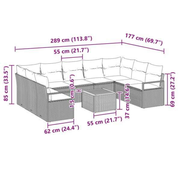 vidaXL 10-dielna záhradná súprava so vankúšmi sivá poly ratan akácia – Obrázok 13