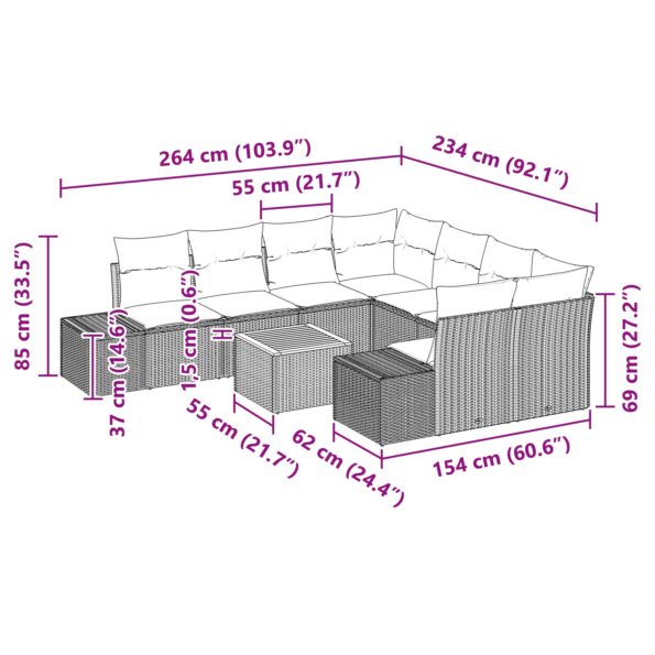 vidaXL 9-dielna záhradná súprava gaučov s vankúšmi Sivá Polyratan Akácia – Obrázok 13