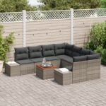 vidaXL 9-dielna záhradná súprava gaučov s vankúšmi Sivá Polyratan Akácia – Obrázok 3