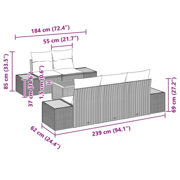 Sada 6 kusov záhradnej pohovky so vankúšmi, sivá poly ratan akácia, 2-miestna záhradná pohovka so skladom a vankúšmi, sivá poly ratan – Obrázok 11