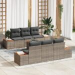 Záhradný gaučový set vidaXL 7 dielny s vankúšmi sivý polyratan akácia, Záhradný dvojmiestny gauč vidaXL so skladovaním a vankúšmi sivý polyratan