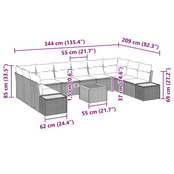 3356849_13.jpg vidaXL 11 kusový set záhradnej pohovky s vankúšmi šedý poly ratan akácia – Obrázok 13