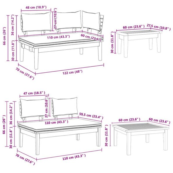 5-dielny záhradný jedálenský set s vankúšmi z masívneho dreva, 2-dielny set záhradnej lavičky z masívneho dreva – Obrázok 10