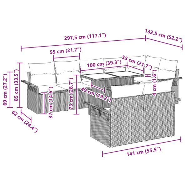 vidaXL 9-dielny záhradný gaučový set s vankúšmi Hnedý poly ratan – Obrázok 8
