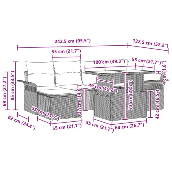 vidaXL 7-dielny zágardený sedačkový set s vankúšmi Svetlosivý Poly Ratan – Obrázok 6