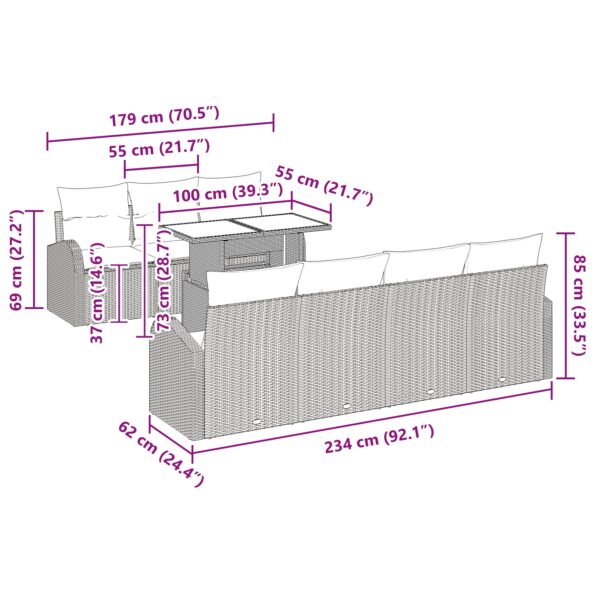 vidaXL 8-dielny záhradný gaučový set s vankúšmi Hnedý poly ratan – Obrázok 13