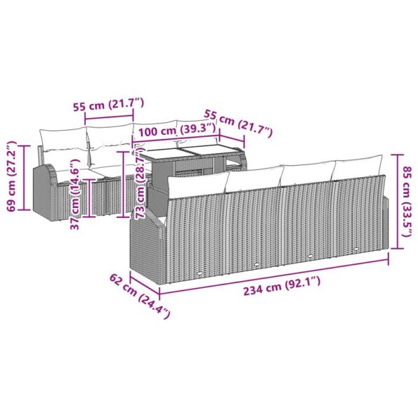 vidaXL 9-dielna záhradná sedačka s vankúšmi čierny poly ratan – Obrázok 13