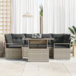 vidaXL 7-dielny záhradný gaučový set s vankúšmi Svetlosivý poly ratan – Obrázok 3