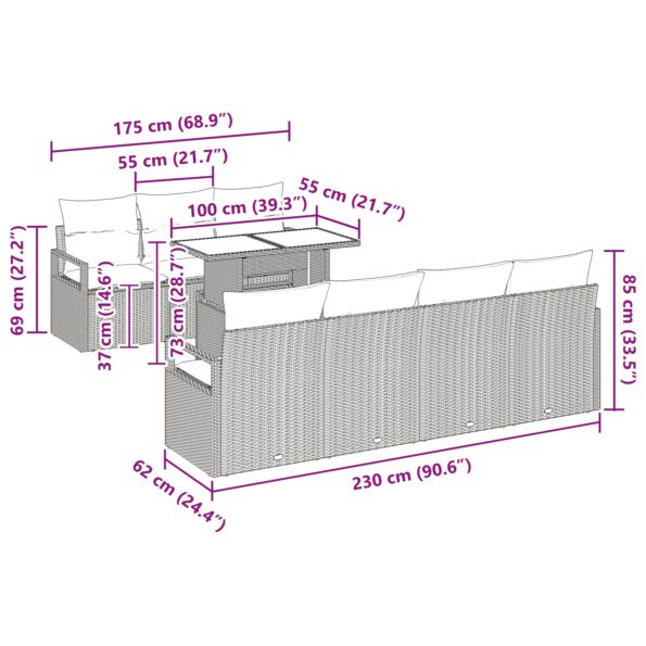 vidaXL 8-dielna záhradná sedacia súprava s vankúšmi sivá poly ratan – Obrázok 13