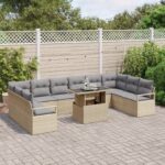 vidaXL 11-dielny záhradný gaučový set s vankúšmi Béžový poly ratan – Obrázok 3