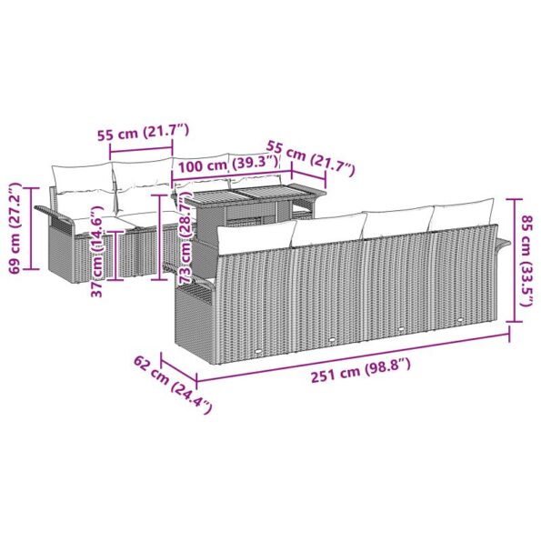 vidaXL 9-dielna záhradná sedačka s vankúšmi šedá poly ratan – Obrázok 13