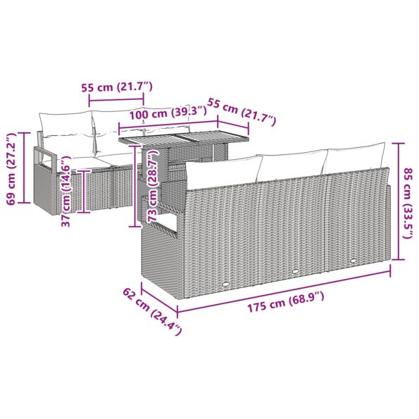 vidaXL 7-dielna záhradná súprava s vankúšmi sivý poly ratan – Obrázok 13