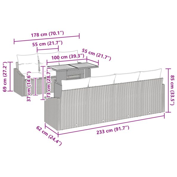 vidaXL 8-členná záhradná sedačka s vankúšmi Čierny Poly Ratan – Obrázok 13