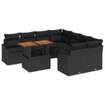 vidaXL 9-dielny záhradný pohovkový set s vankúšmi čierny poly ratan – Obrázok 2