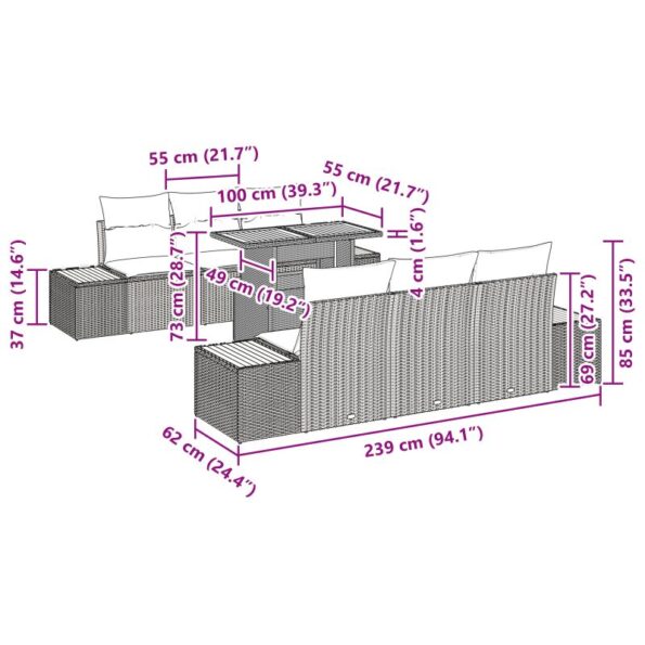 vidaXL 7-dielna záhradná sedačka s vankúšmi Béžová poly ratan – Obrázok 13