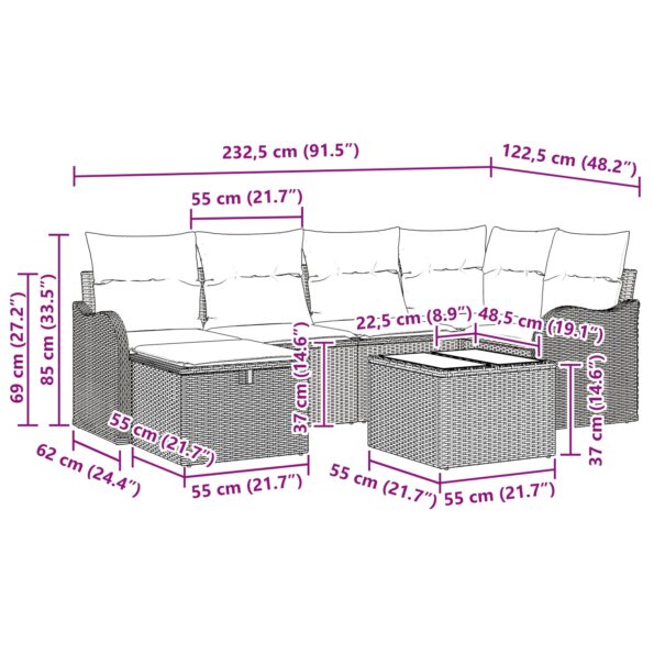 vidaXL 7-dielna záhradná pohovka so vankúšmi hnedá poly ratan – Obrázok 11