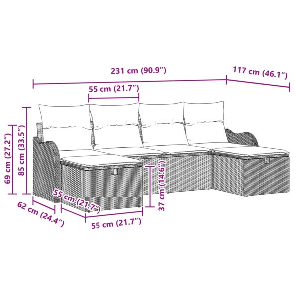 vidaXL 6-dielna sada záhradných pohoviek s vankúšmi hnedý poly ratan – Obrázok 9