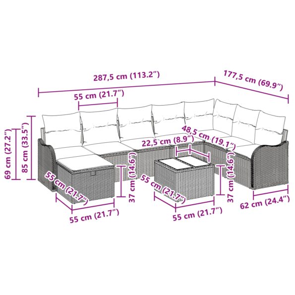 3359041_11.jpg vidaXL 9 kusová záhradná pohovka s vankúšmi Svetlosivá Polyratan – Obrázok 11
