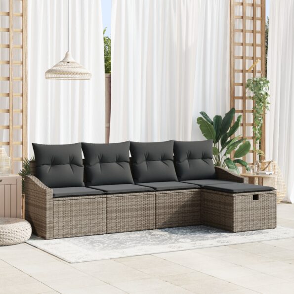 3359258_1.jpg vidaXL 5-dielna záhradná pohovková súprava s vankúšmi sivý polyratan – Obrázok 1