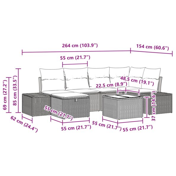 vidaXL 7-kusová záhradná pohovka s vankúšmi Čierny polyratan – Obrázok 11