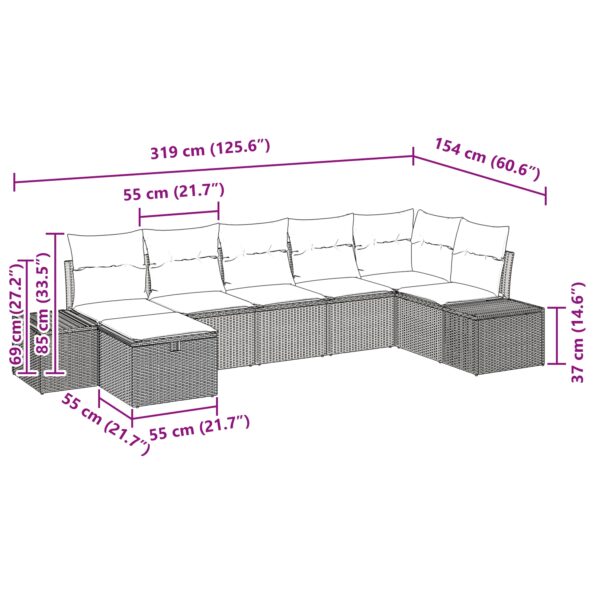 vidaXL 7-dielna záhradná pohovka s vankúšmi Béžová Polyratan – Obrázok 10