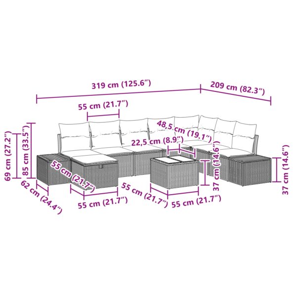 3359439_11.jpg vidaXL 9 kusový záhradný pohovkový set s vankúšmi béžový poly ratan – Obrázok 11