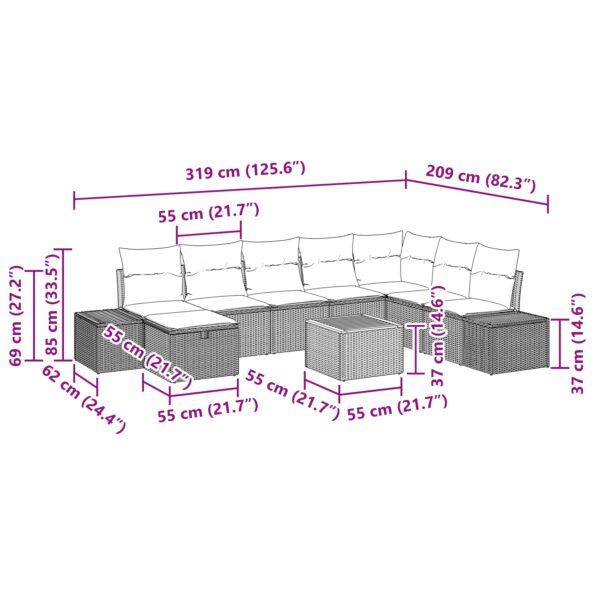 vidaXL 9 kusová záhradná gaučová súprava s vankúšmi béžového polyratanu – Obrázok 11