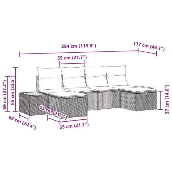 vidaXL 6 kusová záhradná pohovková súprava s vankúšmi Béžový Poly ratan – Obrázok 9