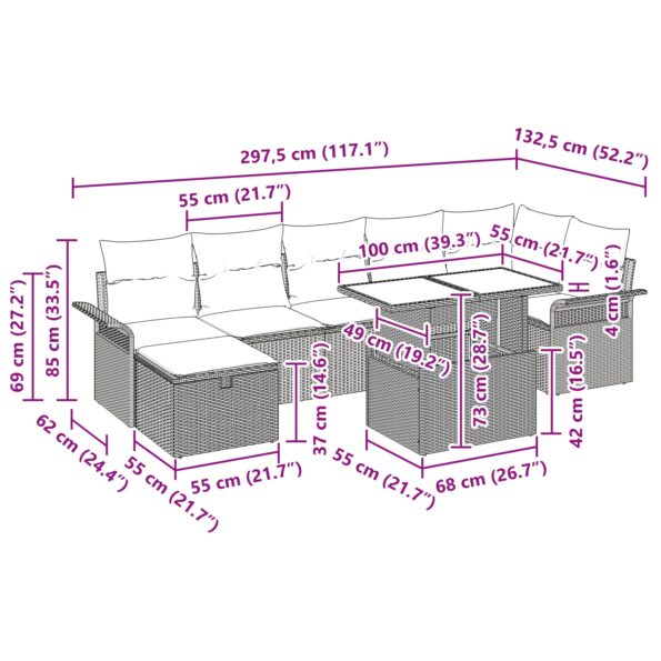 vidaXL 8-dielna záhradná súprava gauča s vankúšmi Béžový Poly Ratan – Obrázok 13