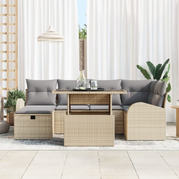 vidaXL 7-dielny záhradný sofa set s vankúšmi Béžový Poly Ratan – Obrázok 3