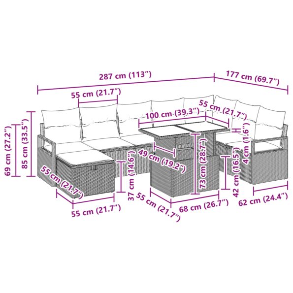 vidaXL 9 Kusov Záhradnej Pohovky s Vankúšmi Čierna Poly Ratan – Obrázok 13