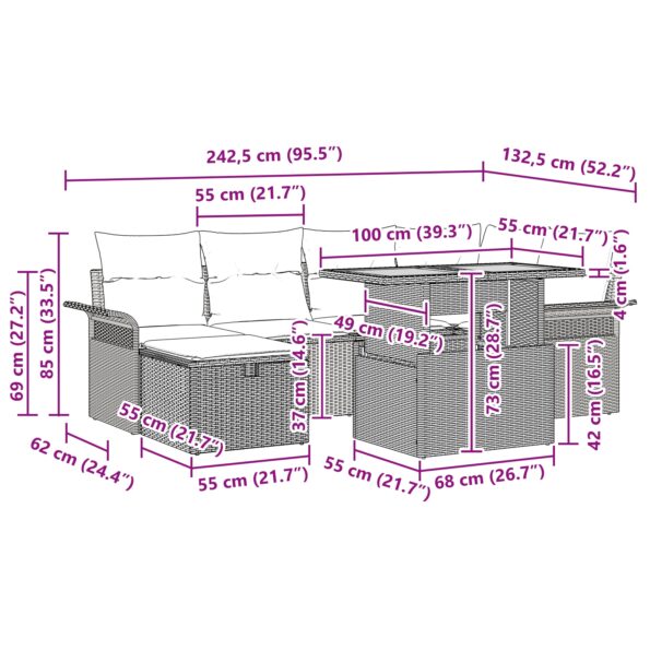 vidaXL 7-dielny set záhradných pohoviek s vankúšmi Béžový Poly Ratan – Obrázok 13
