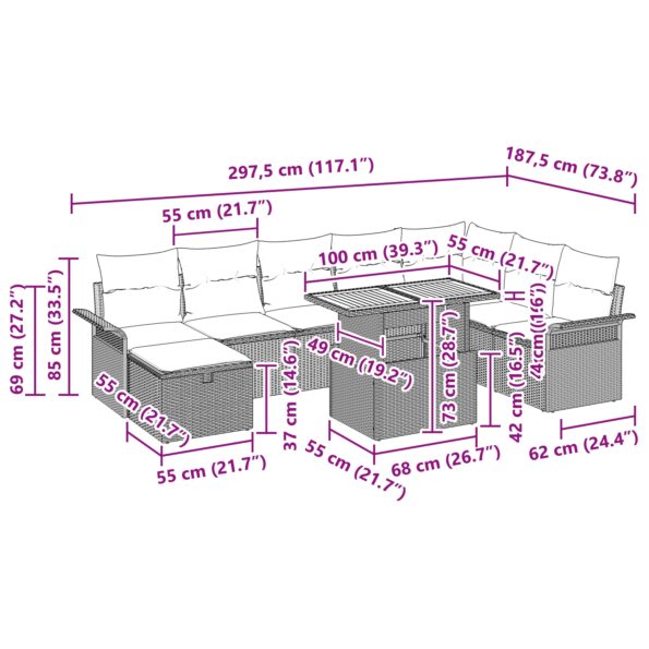 vidaXL 9-dielna záhradná pohovka s vankúšmi béžová poly ratan – Obrázok 13