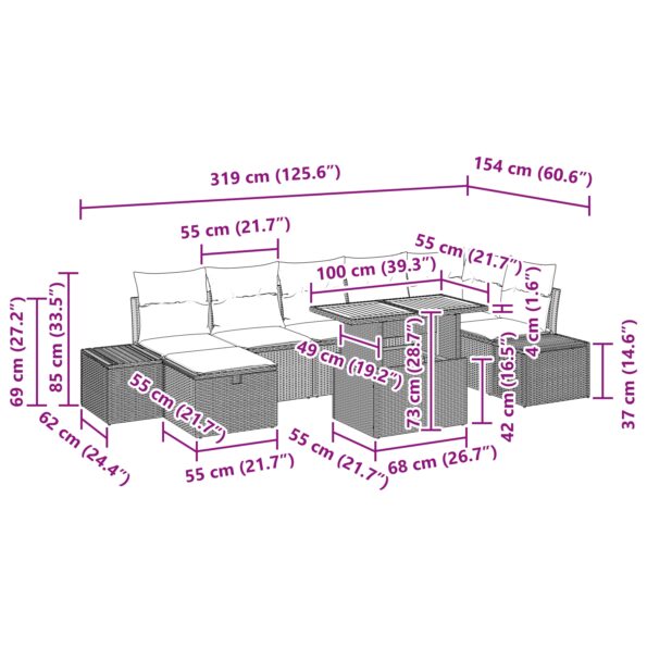vidaXL 8-dielny záhradný sedací set s vankúšmi Béžový poly ratan – Obrázok 13