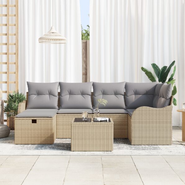 vidaXL 7-dielny záhradný sofa set s vankúšmi Béžový Poly ratan – Obrázok 3