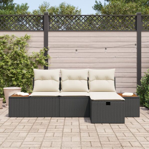 Záhradná pohovka vidaXL 4-dielna súprava s vankúšmi Čierna Polyratan, Záhradná pohovka vidaXL 2-miestna s úložným priestorom a vankúšmi Čierna Polyratan – Obrázok 3