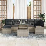 8-dielna záhradná sedacia súprava s vankúšmi Svetlosivá Polyratan, 2-sedadlová záhradná sedačka s úložným priestorom a vankúšmi Svetlosivá Polyratan – Obrázok 3