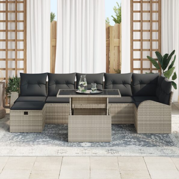 8-dielna záhradná sedacia súprava s vankúšmi Svetlosivá Polyratan, 2-sedadlová záhradná sedačka s úložným priestorom a vankúšmi Svetlosivá Polyratan – Obrázok 3