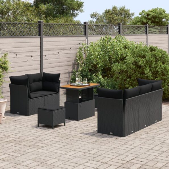3361429_3.jpg vidaXL 8-dielny záhradný sedací set s vankúšmi, Čierny poly ratan akácia – Obrázok 3
