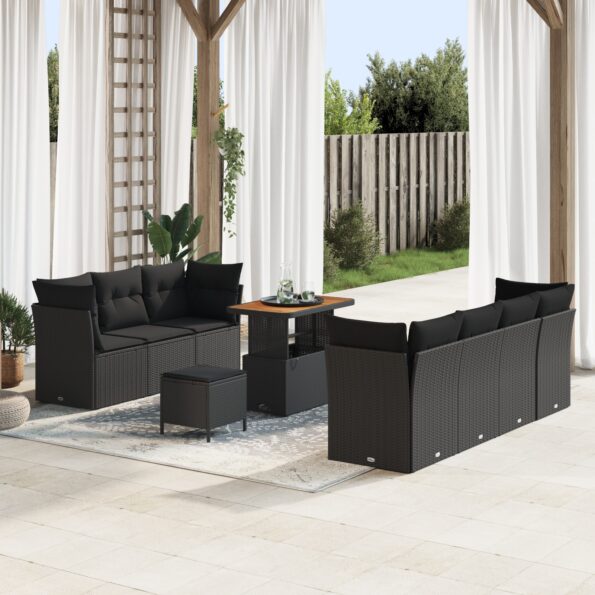3361449_1.jpg 10-dielna súprava záhradného sofa s vankúšmi Čierna Polyratan Akácia, 3-dielna súprava záhradného jedálenského stolu s vankúšmi Čierna Polyratan Akácia – Obrázok 1