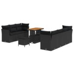 10-dielna súprava záhradného sofa s vankúšmi Čierna Polyratan Akácia, 3-dielna súprava záhradného jedálenského stolu s vankúšmi Čierna Polyratan Akácia – Obrázok 2