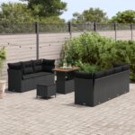 10-dielna súprava záhradného sofa s vankúšmi Čierna Polyratan Akácia, 3-dielna súprava záhradného jedálenského stolu s vankúšmi Čierna Polyratan Akácia – Obrázok 3
