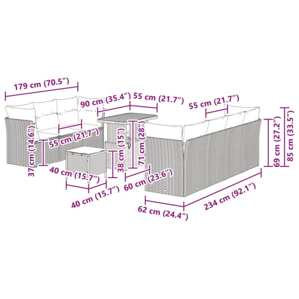 vidaXL 10-dielny záhradný gaučový set s vankúšmi béžový poly ratan akácia – Obrázok 9