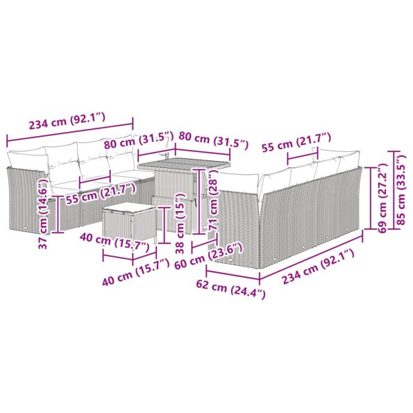 vidaXL 11-dielna súprava záhradnej sedačky s vankúšmi Béžová Poly ratan Akácia – Obrázok 9