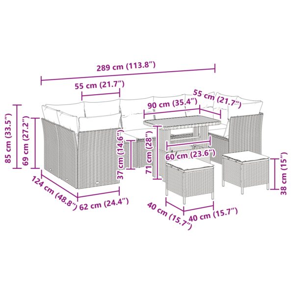 vidaXL 10-dielna záhradná súprava s vankúšmi čierny poly ratan akácia – Obrázok 9